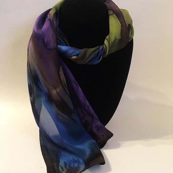 Hand Painted Silk Scarf Eggplant Purple Blue Olive - Picture 3 of 4